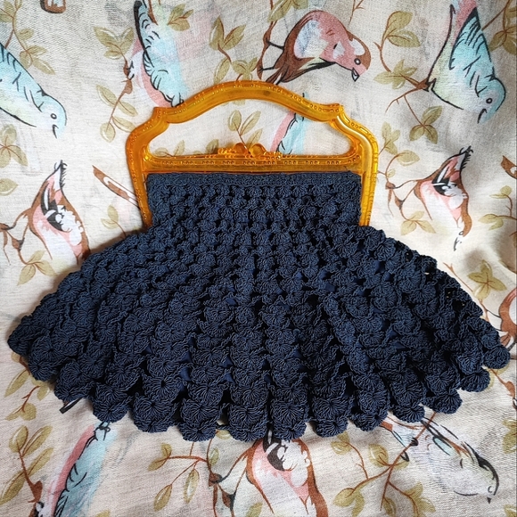 Vintage Handbags - Vintage 1940's Large Half Moon Corded Clutch Purse Crochet Carved Lucite Handle